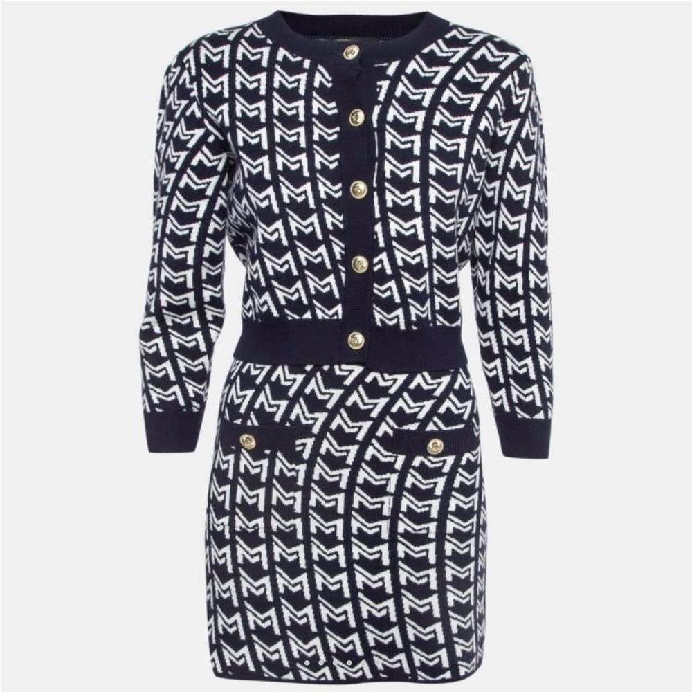 Navy and White Patterned Button-Up Dress